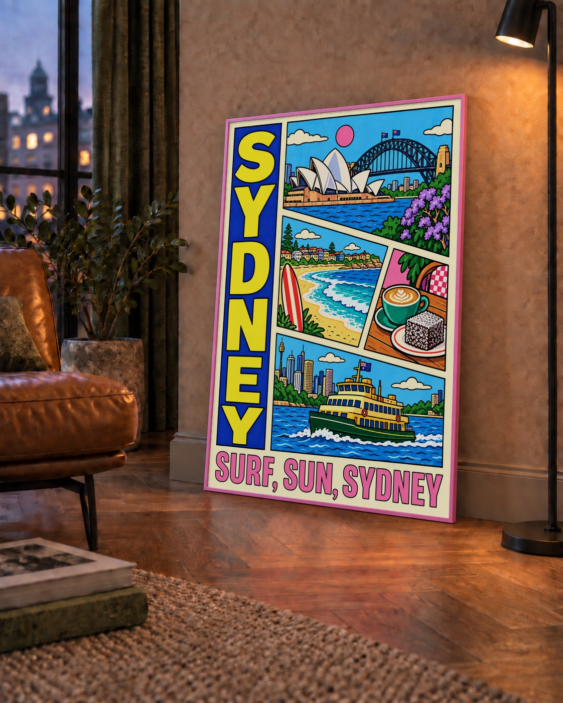 Sydney Temalı Retro Çizgi Roman Poster – Renkli Duvar Dekoru — çerçeveli hâliyle bir ev duvarında