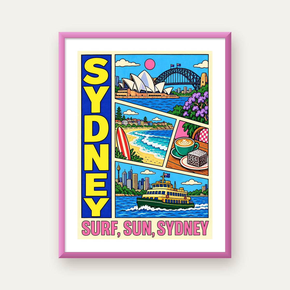 Sydney Temalı Retro Çizgi Roman Poster – Renkli Duvar Dekoru — pembe çerçeveli paspartulu