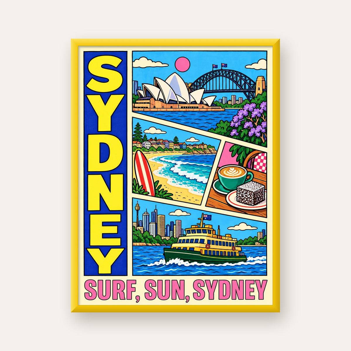 Sydney Temalı Retro Çizgi Roman Poster – Renkli Duvar Dekoru — sarı çerçeveli