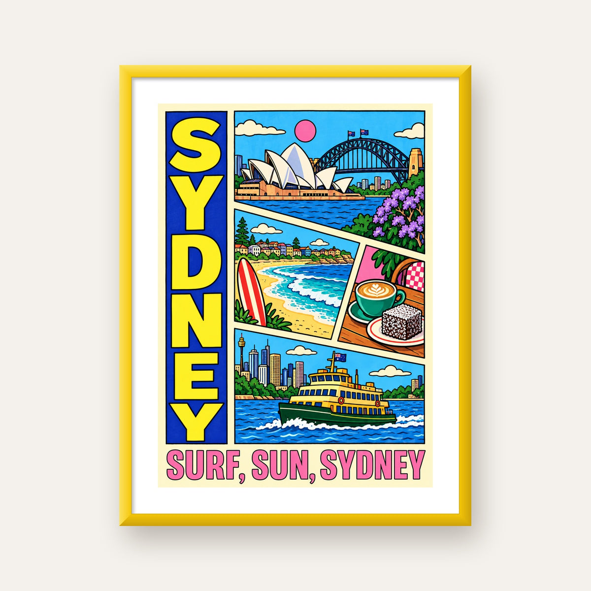 Sydney Temalı Retro Çizgi Roman Poster – Renkli Duvar Dekoru — sarı çerçeveli paspartulu