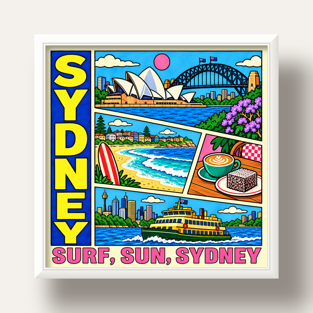 Sydney Temalı Retro Çizgi Roman Poster – Renkli Duvar Dekoru — beyaz derin çerçeveli