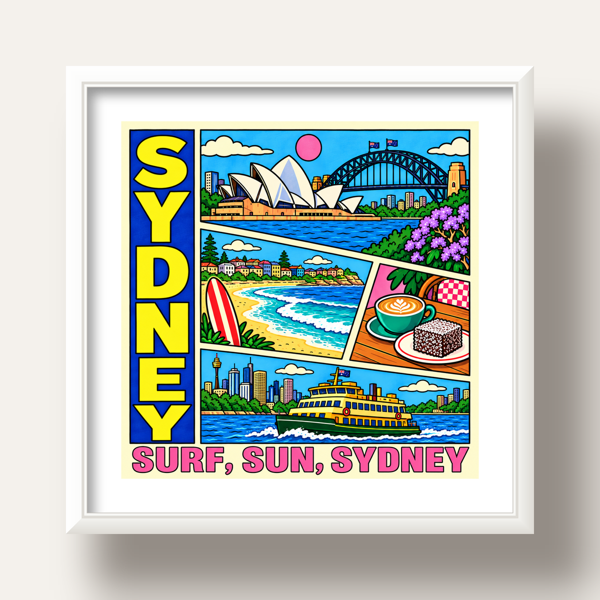 Sydney Temalı Retro Çizgi Roman Poster – Renkli Duvar Dekoru — beyaz derin çerçeveli paspartulu