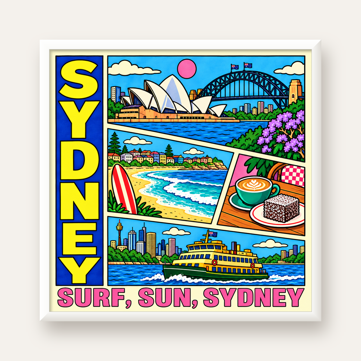 Sydney Temalı Retro Çizgi Roman Poster – Renkli Duvar Dekoru — beyaz çerçeveli kare poster