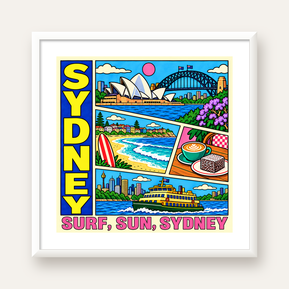 Sydney Temalı Retro Çizgi Roman Poster – Renkli Duvar Dekoru — beyaz çerçeveli kare poster