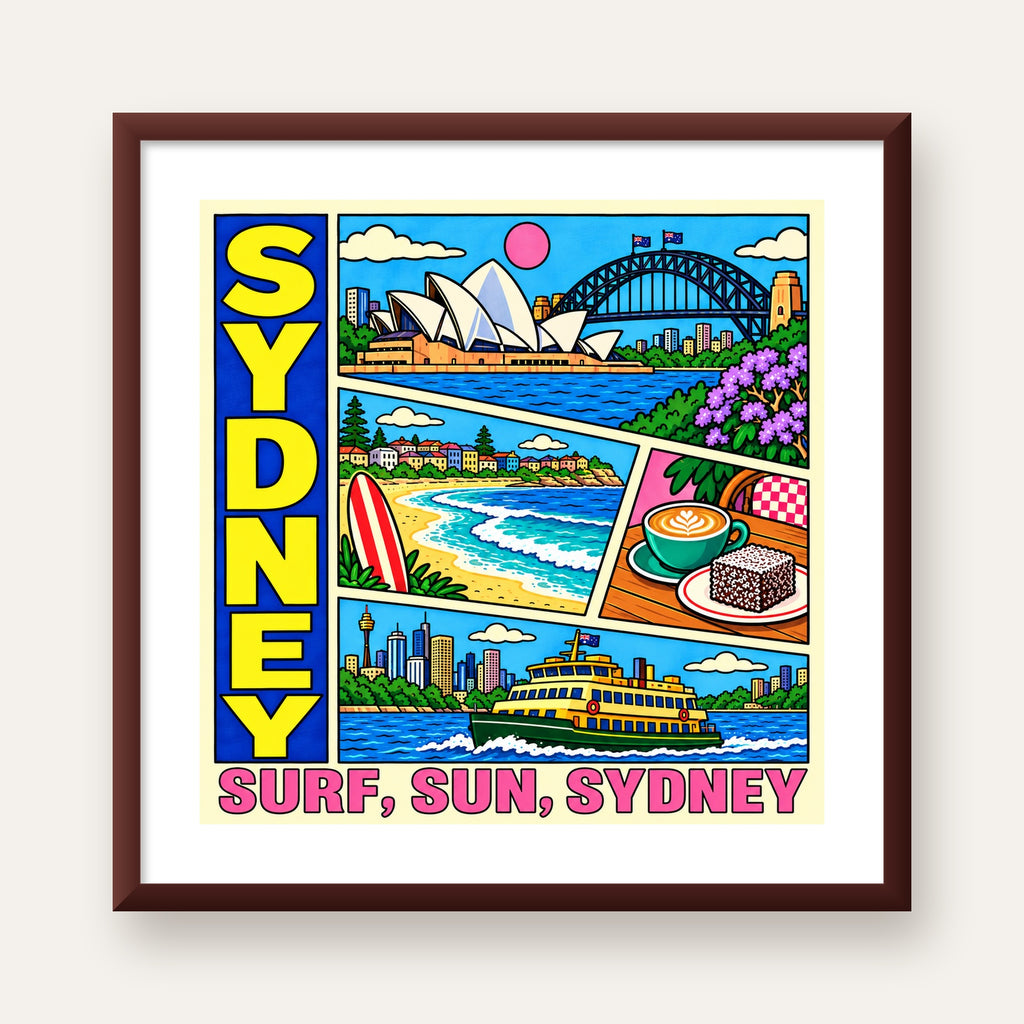 Sydney Temalı Retro Çizgi Roman Poster – Renkli Duvar Dekoru — ceviz çerçeveli paspartulu