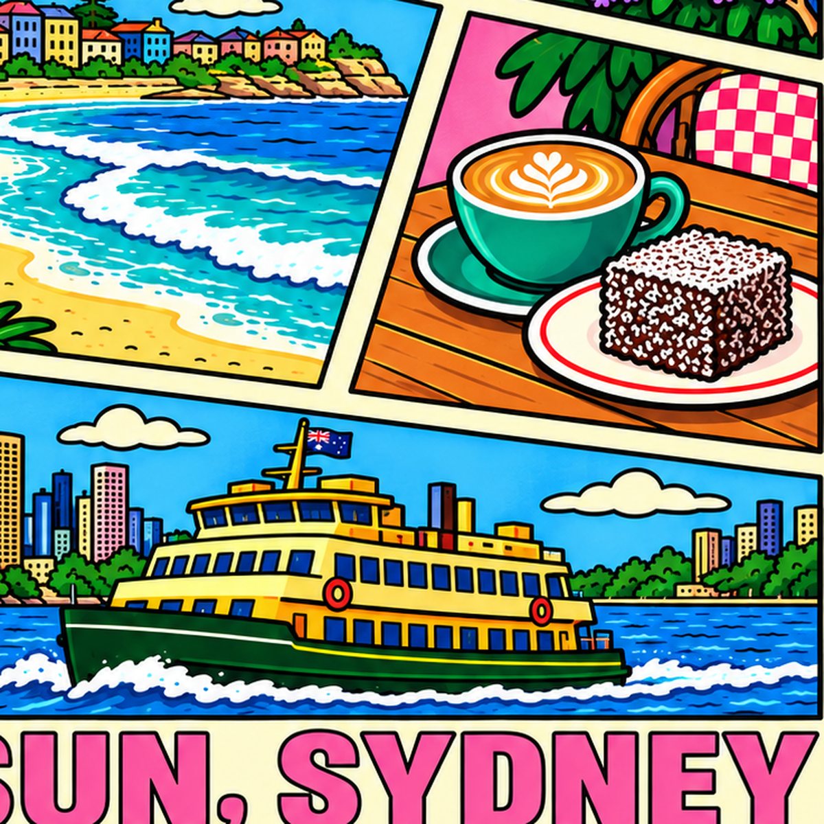 Sydney Temalı Retro Çizgi Roman Poster – Renkli Duvar Dekoru — baskının yakın çekimi, kâğıt dokusu ve renk detayı