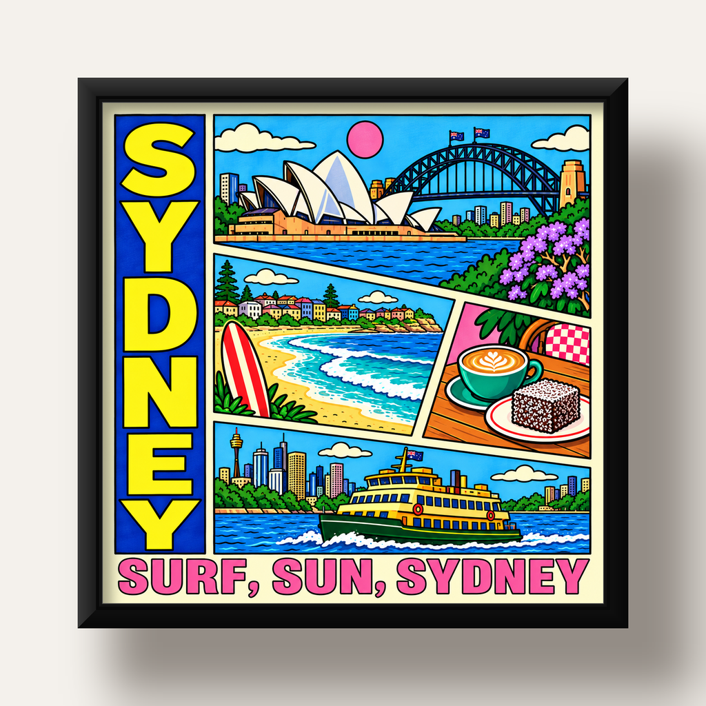 Sydney Temalı Retro Çizgi Roman Poster – Renkli Duvar Dekoru — siyah derin çerçeveli