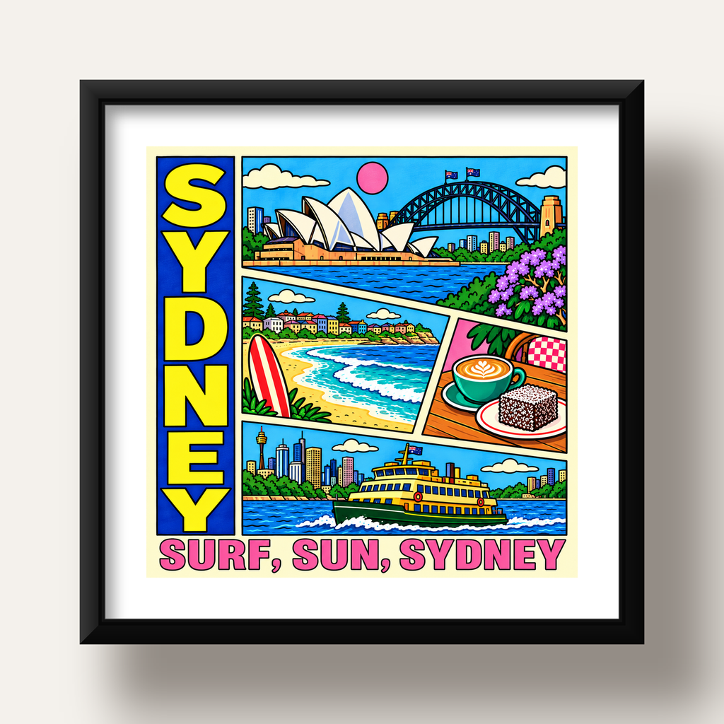 Sydney Temalı Retro Çizgi Roman Poster – Renkli Duvar Dekoru — siyah derin çerçeveli paspartulu