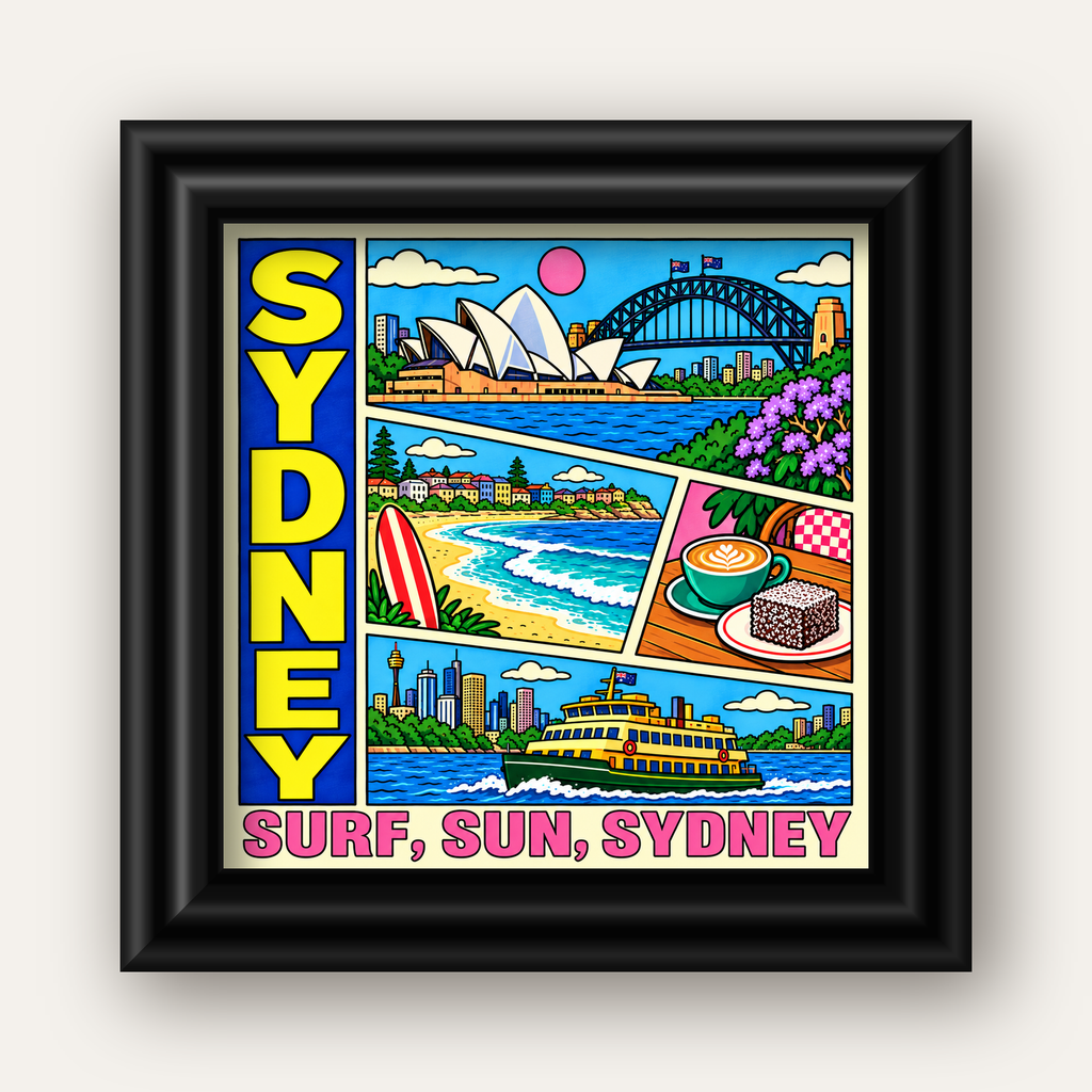 Sydney Temalı Retro Çizgi Roman Poster – Renkli Duvar Dekoru — siyah galeri çerçeveli