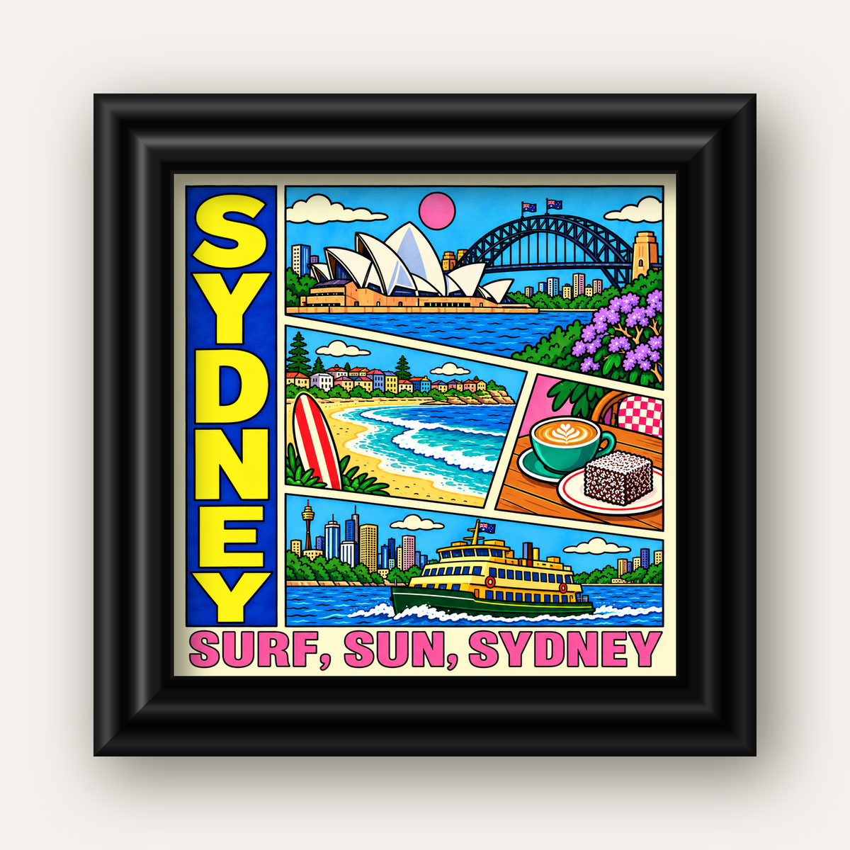 Sydney Temalı Retro Çizgi Roman Poster – Renkli Duvar Dekoru — siyah galeri çerçeveli