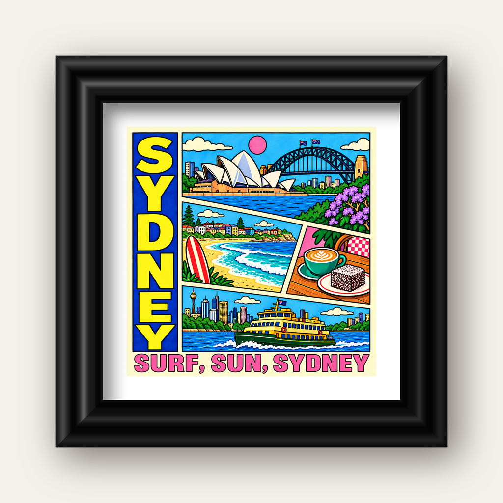 Sydney Temalı Retro Çizgi Roman Poster – Renkli Duvar Dekoru — siyah galeri çerçeveli paspartulu
