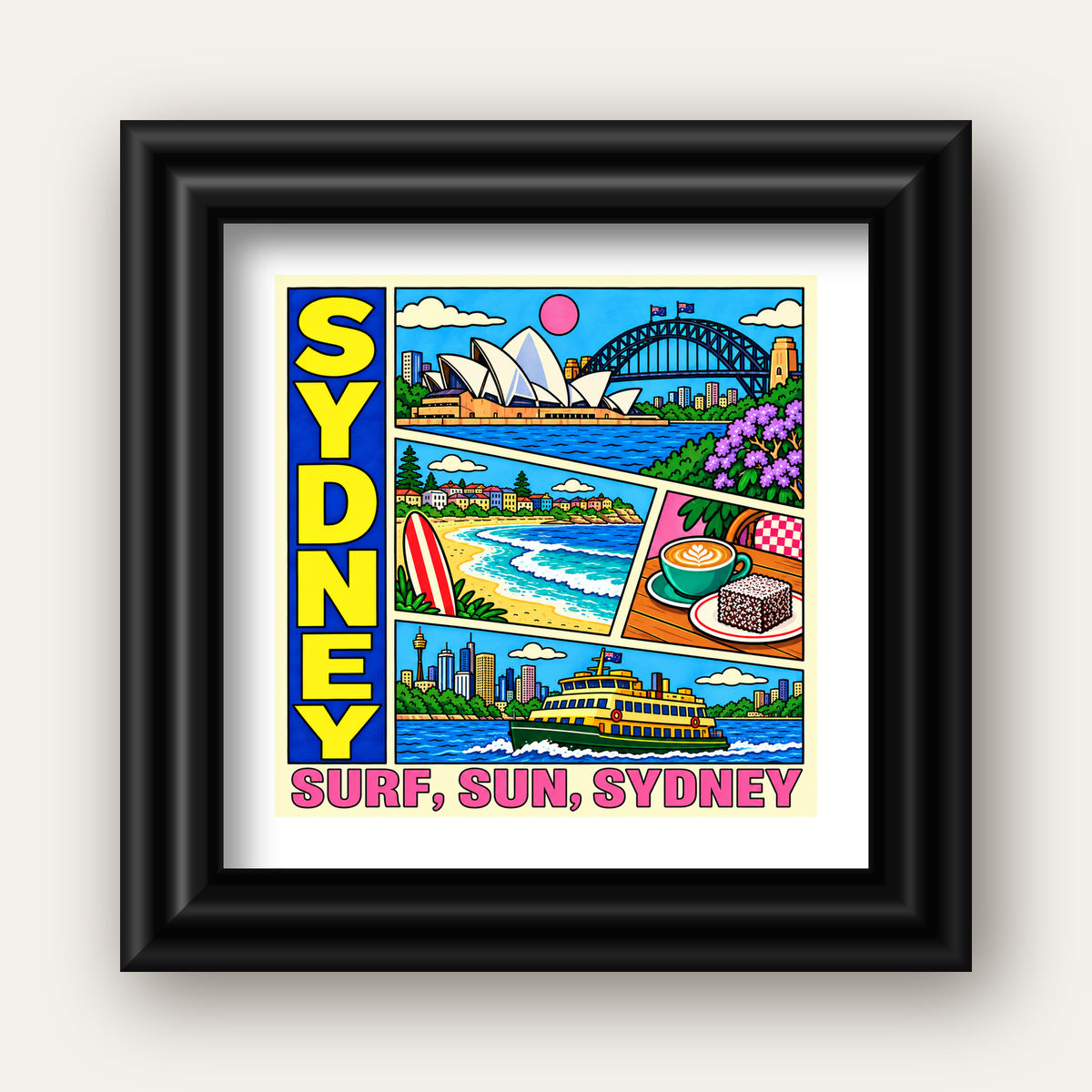 Sydney Temalı Retro Çizgi Roman Poster – Renkli Duvar Dekoru — siyah galeri çerçeveli paspartulu