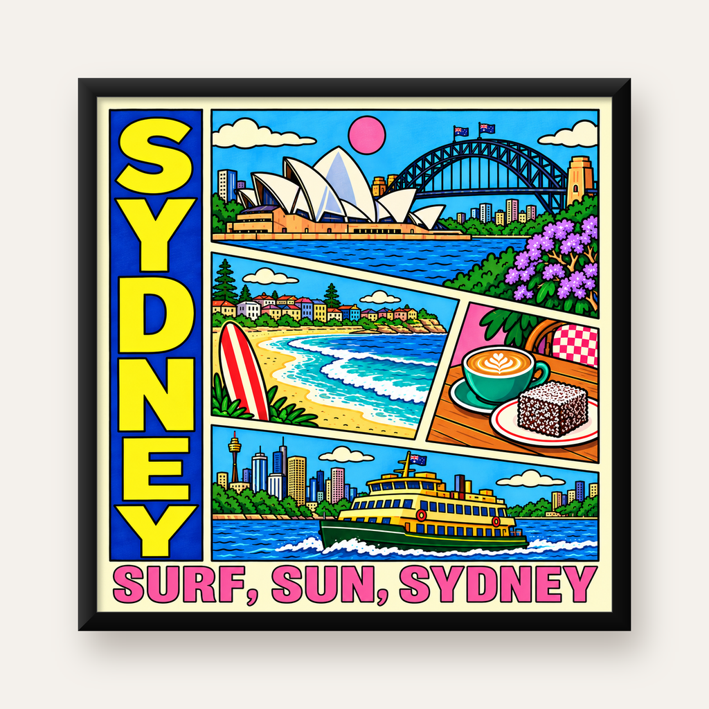 Sydney Temalı Retro Çizgi Roman Poster – Renkli Duvar Dekoru — Kare baskı, düz siyah çerçeveli duvar posteri