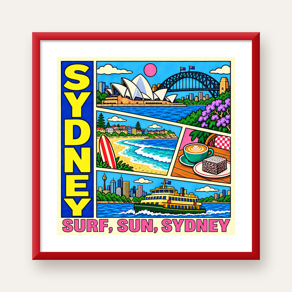 Sydney Temalı Retro Çizgi Roman Poster – Renkli Duvar Dekoru — kırmızı çerçeveli paspartulu
