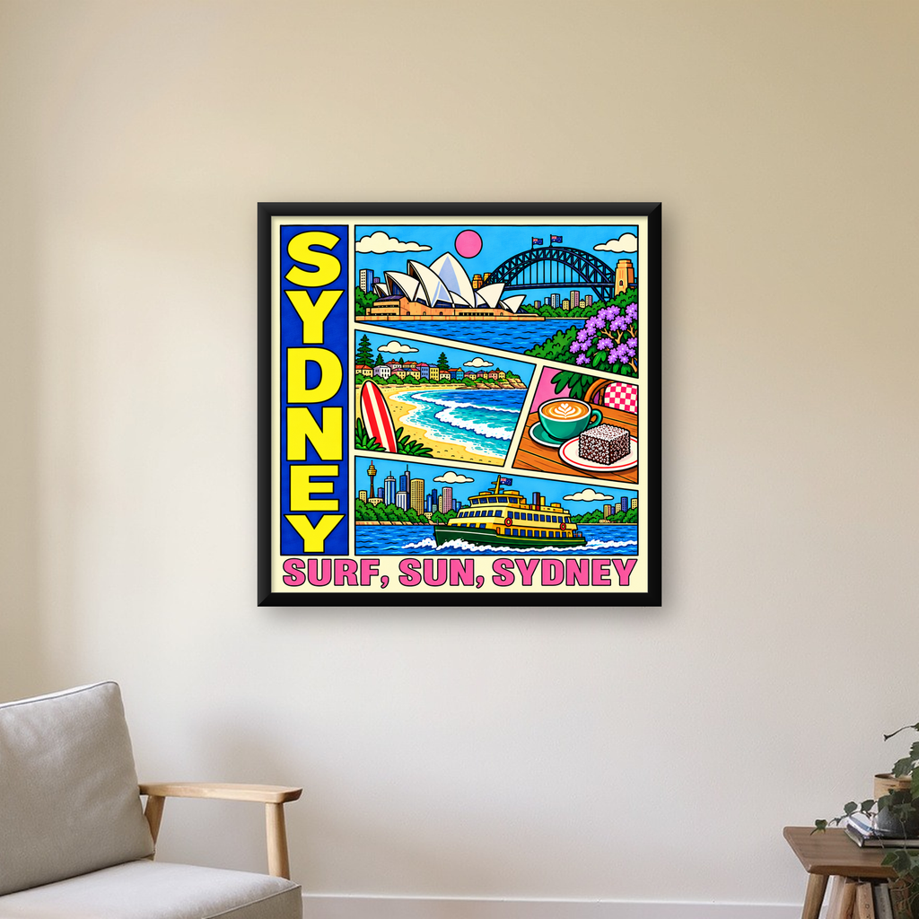 Sydney Temalı Retro Çizgi Roman Poster – Renkli Duvar Dekoru — Kare baskı, çerçeveli hâliyle bir ev duvarında