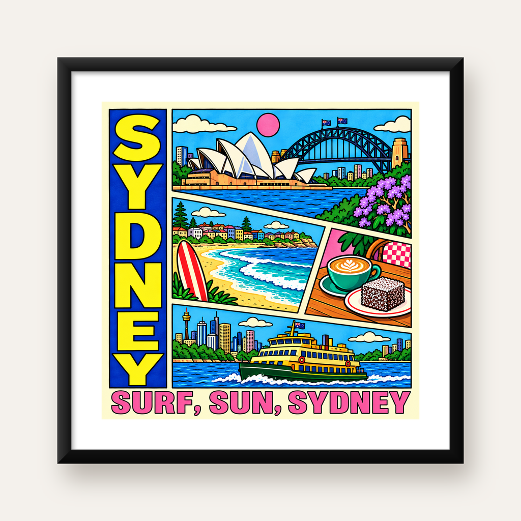Sydney Temalı Retro Çizgi Roman Poster – Renkli Duvar Dekoru — Kare baskı, beyaz paspartulu