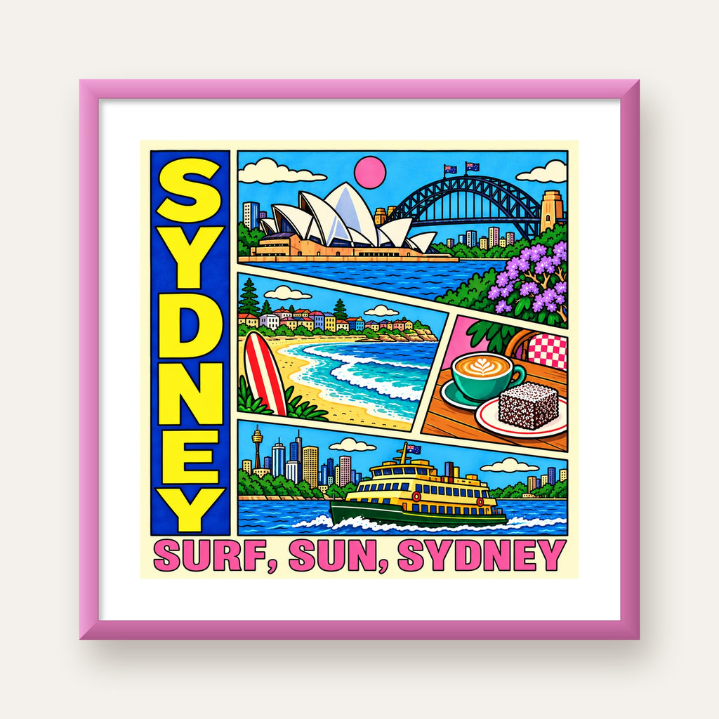 Sydney Temalı Retro Çizgi Roman Poster – Renkli Duvar Dekoru — pembe çerçeveli paspartulu