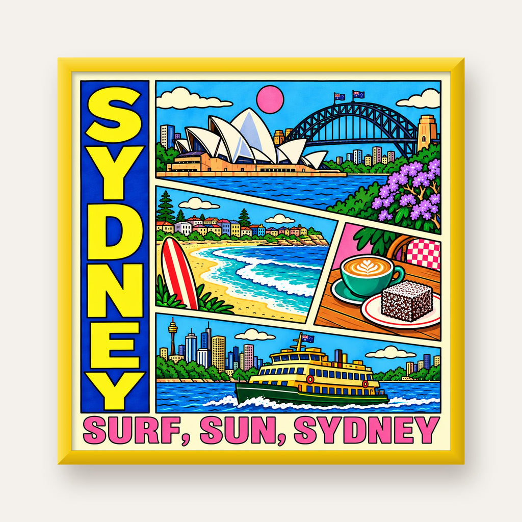 Sydney Temalı Retro Çizgi Roman Poster – Renkli Duvar Dekoru — sarı çerçeveli