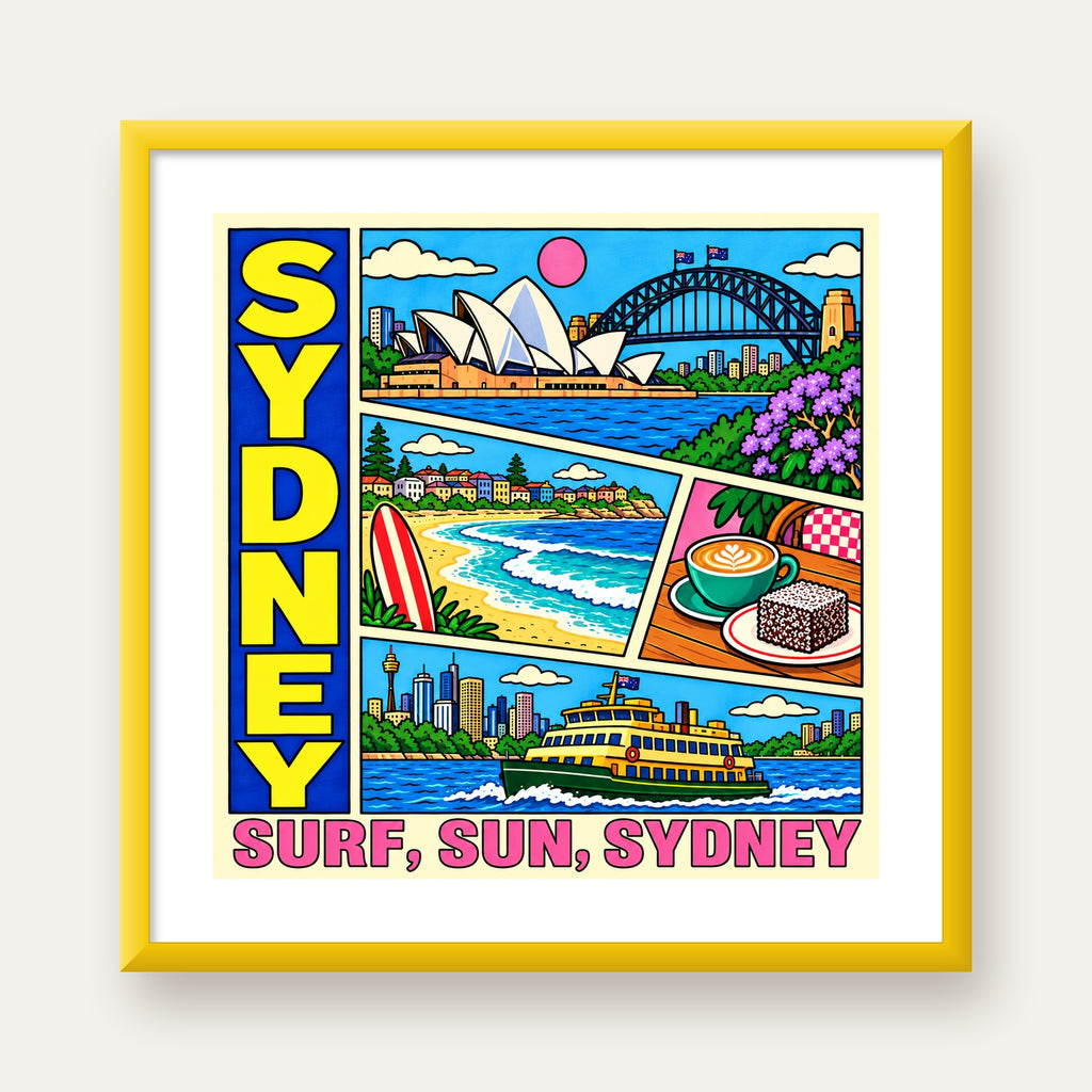 Sydney Temalı Retro Çizgi Roman Poster – Renkli Duvar Dekoru — sarı çerçeveli paspartulu