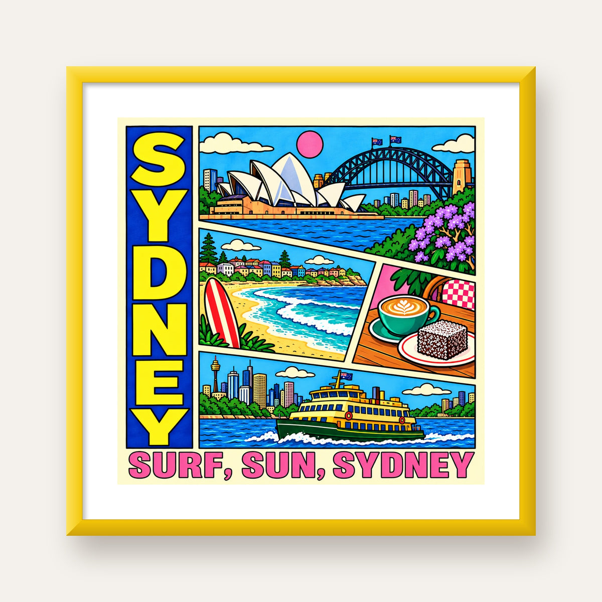 Sydney Temalı Retro Çizgi Roman Poster – Renkli Duvar Dekoru — sarı çerçeveli paspartulu