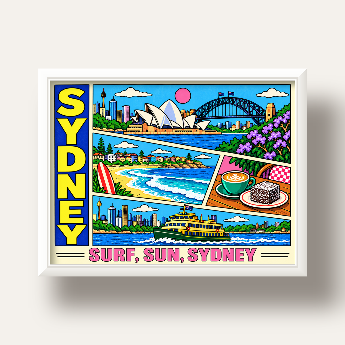 Sydney Temalı Retro Çizgi Roman Poster – Renkli Duvar Dekoru — beyaz derin çerçeveli