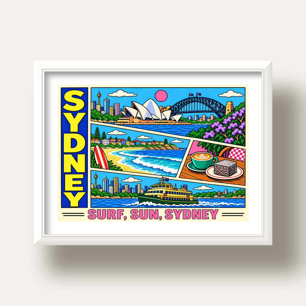 Sydney Temalı Retro Çizgi Roman Poster – Renkli Duvar Dekoru — beyaz derin çerçeveli paspartulu