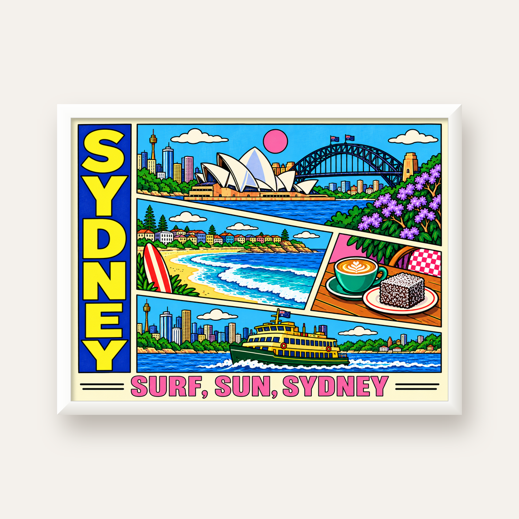 Sydney Temalı Retro Çizgi Roman Poster – Renkli Duvar Dekoru — beyaz çerçeveli yatay poster