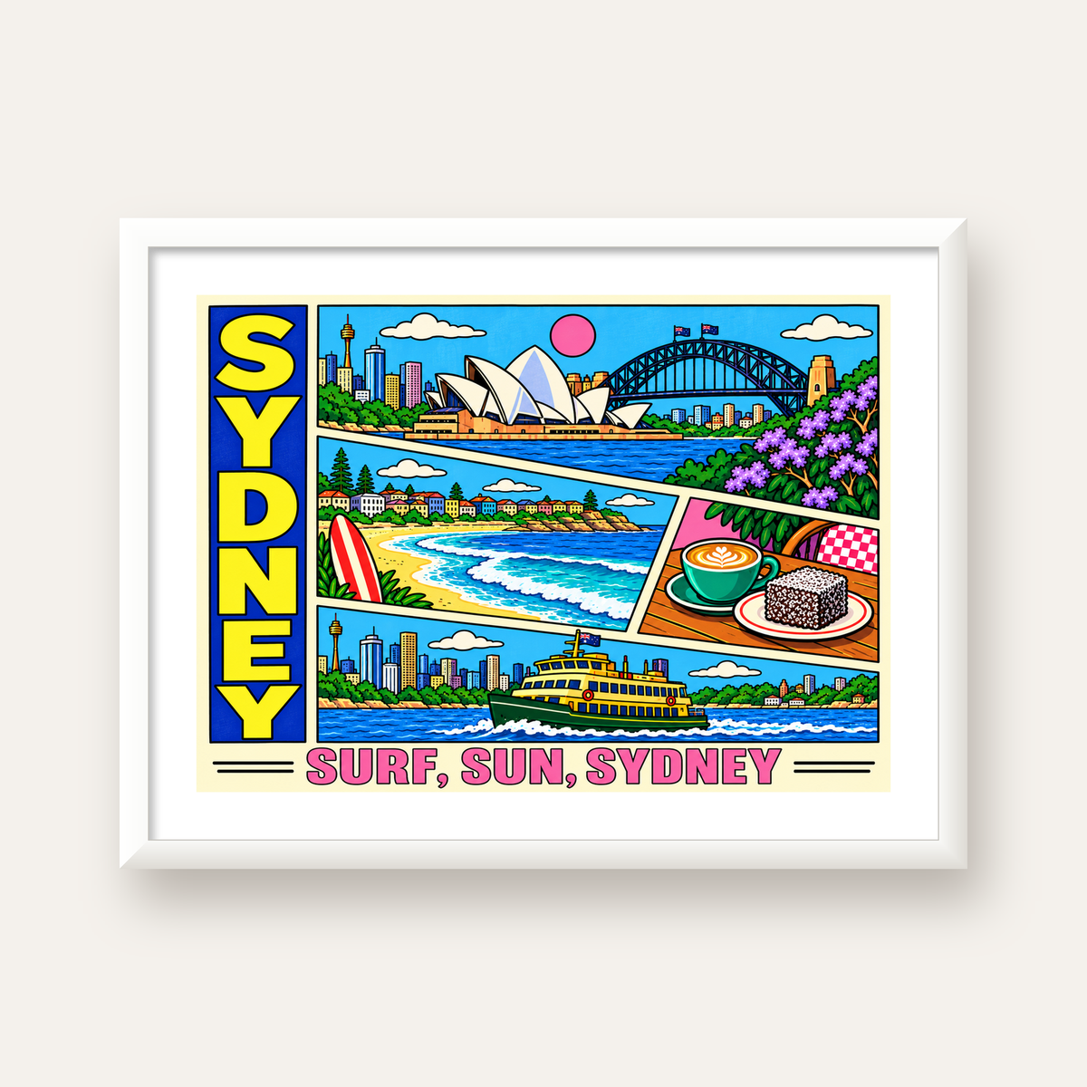 Sydney Temalı Retro Çizgi Roman Poster – Renkli Duvar Dekoru — beyaz çerçeveli yatay poster