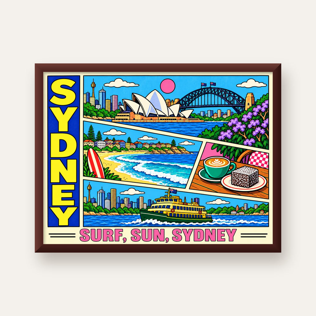 Sydney Temalı Retro Çizgi Roman Poster – Renkli Duvar Dekoru — ceviz çerçeveli