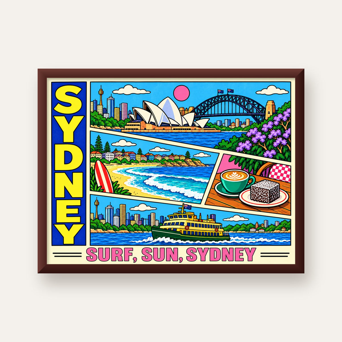 Sydney Temalı Retro Çizgi Roman Poster – Renkli Duvar Dekoru — ceviz çerçeveli