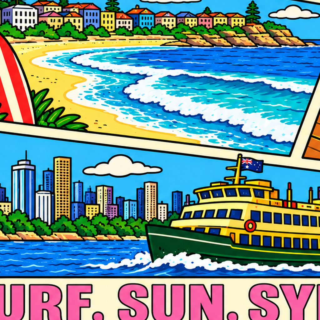 Sydney Temalı Retro Çizgi Roman Poster – Renkli Duvar Dekoru — baskının yakın çekimi, kâğıt dokusu ve renk detayı