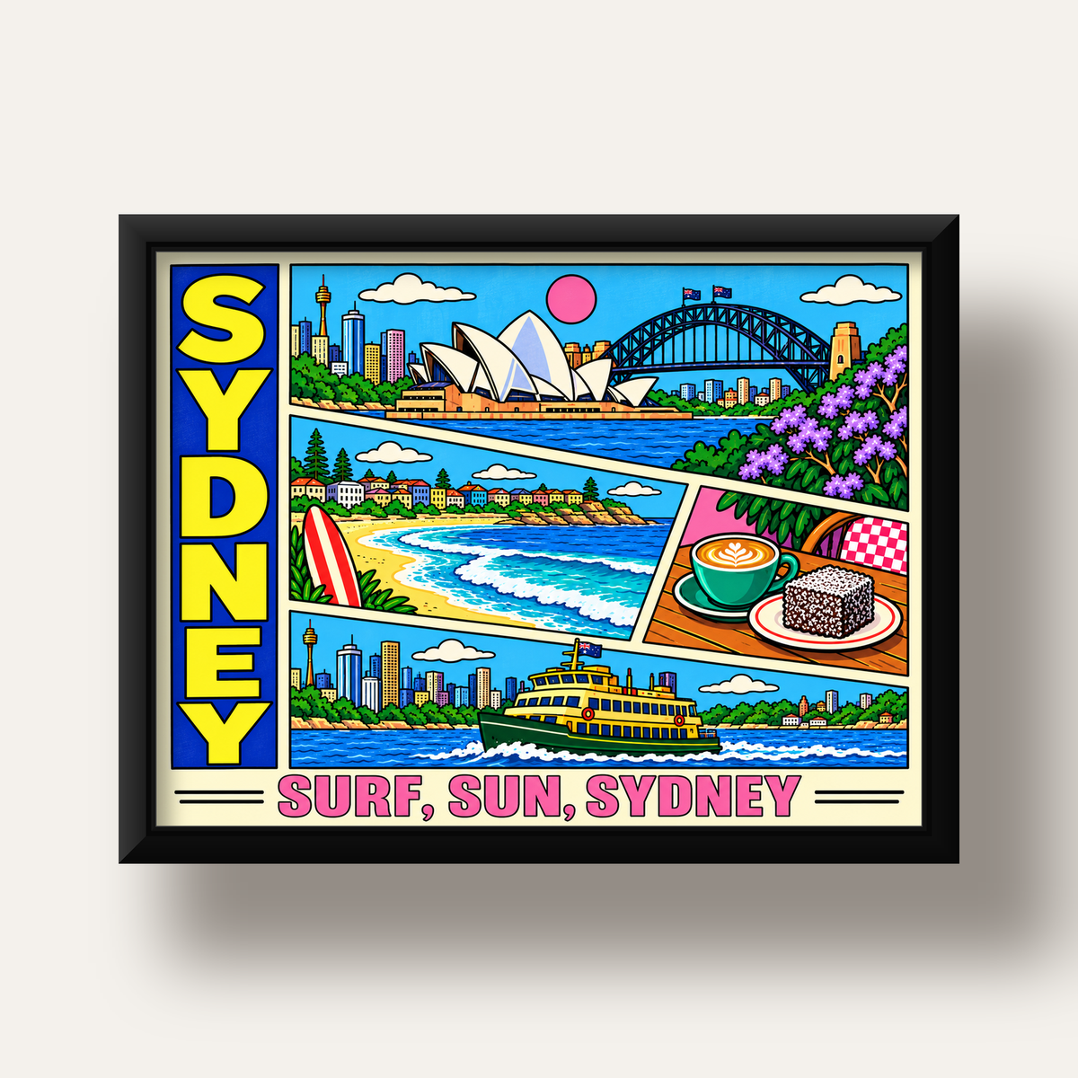 Sydney Temalı Retro Çizgi Roman Poster – Renkli Duvar Dekoru — siyah derin çerçeveli
