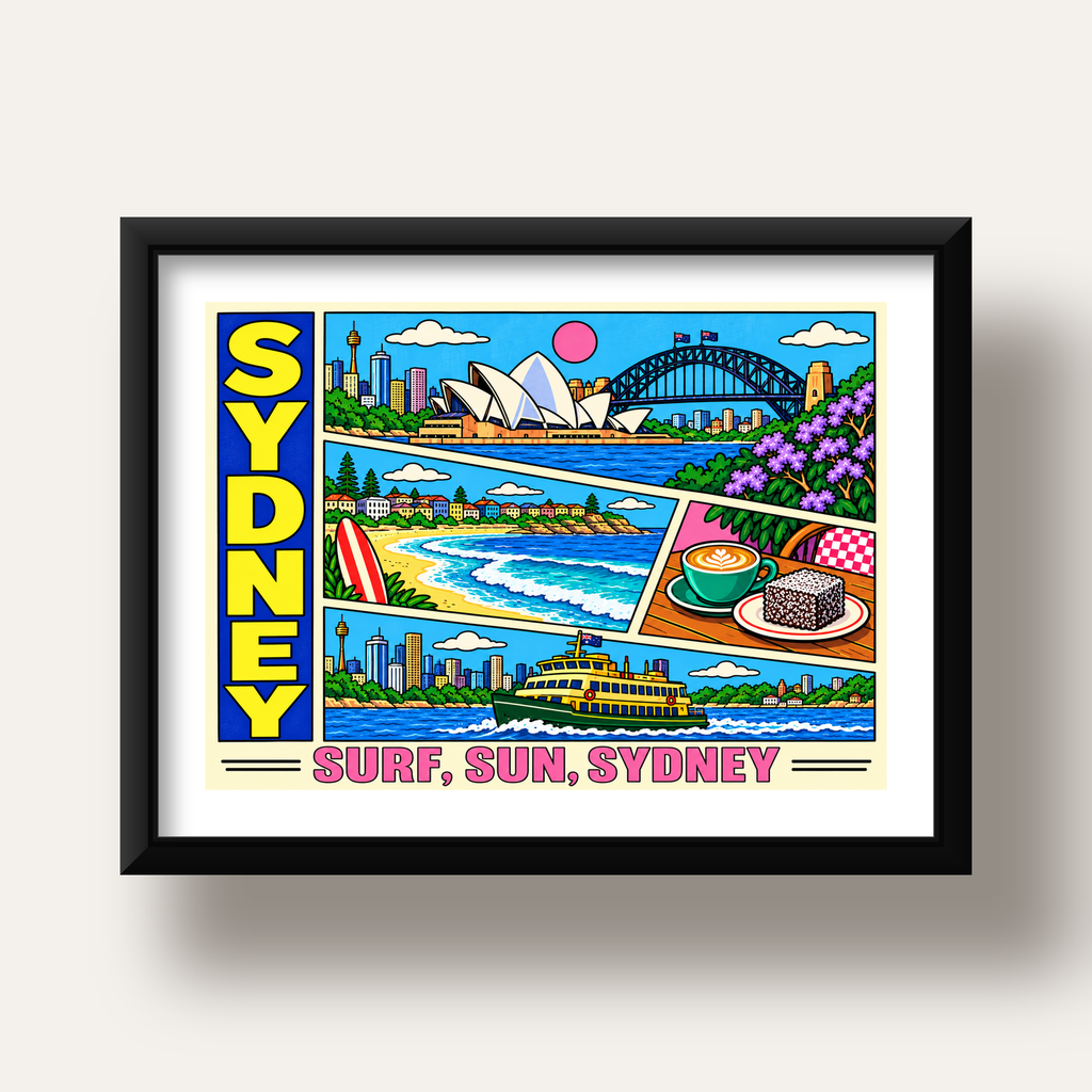 Sydney Temalı Retro Çizgi Roman Poster – Renkli Duvar Dekoru — siyah derin çerçeveli paspartulu