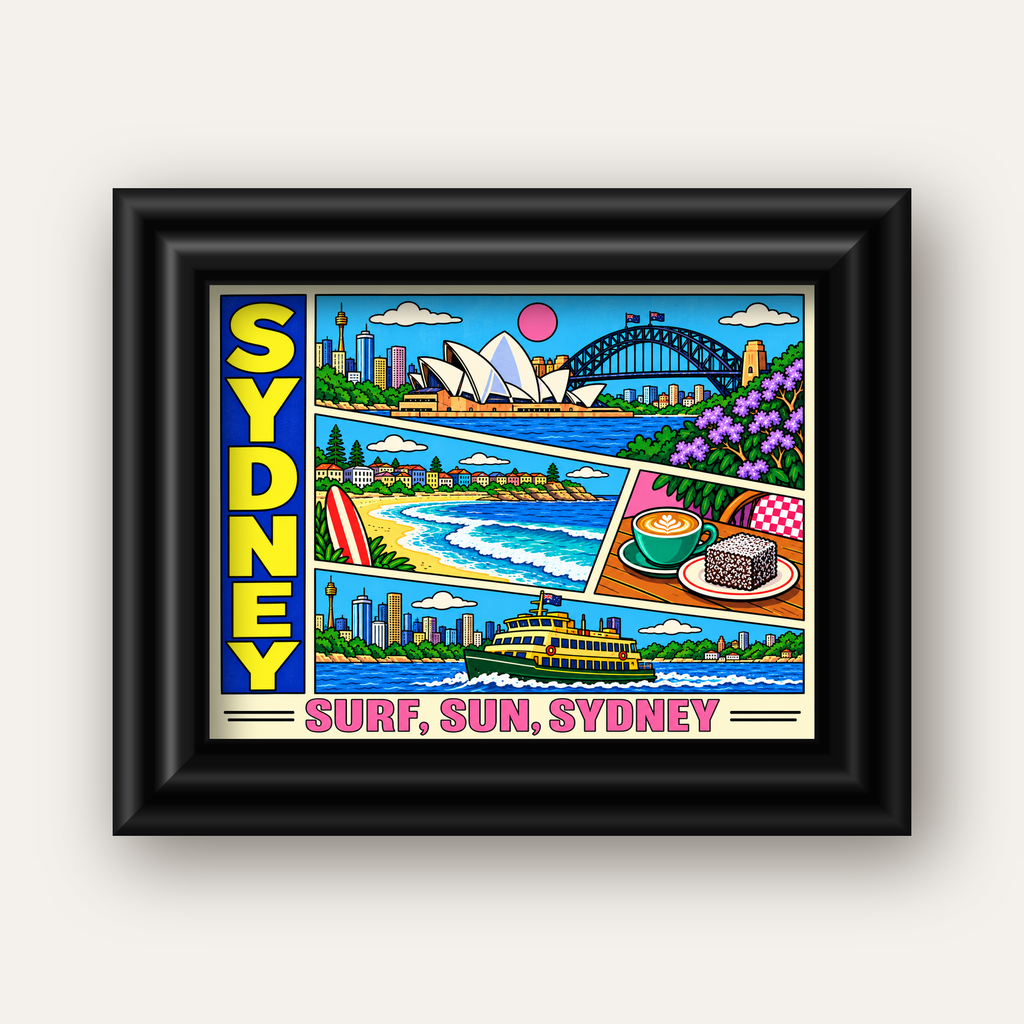 Sydney Temalı Retro Çizgi Roman Poster – Renkli Duvar Dekoru — siyah galeri çerçeveli