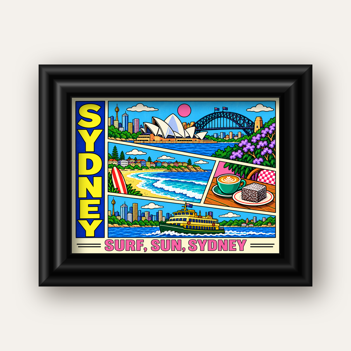 Sydney Temalı Retro Çizgi Roman Poster – Renkli Duvar Dekoru — siyah galeri çerçeveli