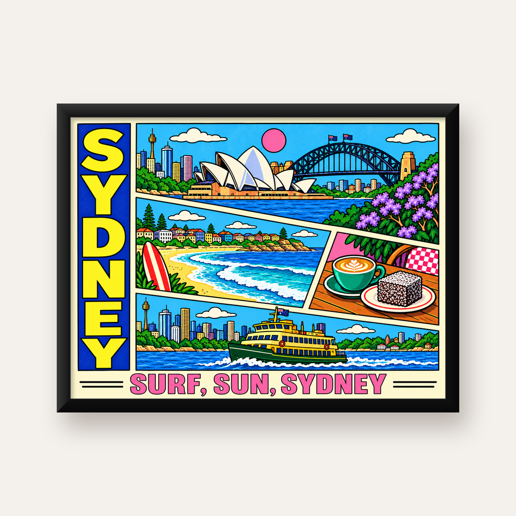 Sydney Temalı Retro Çizgi Roman Poster – Renkli Duvar Dekoru — Yatay baskı, düz siyah çerçeveli duvar posteri