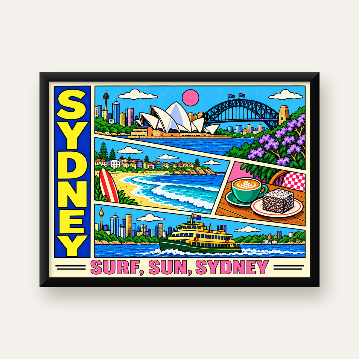 Sydney Temalı Retro Çizgi Roman Poster – Renkli Duvar Dekoru — Yatay baskı, düz siyah çerçeveli duvar posteri