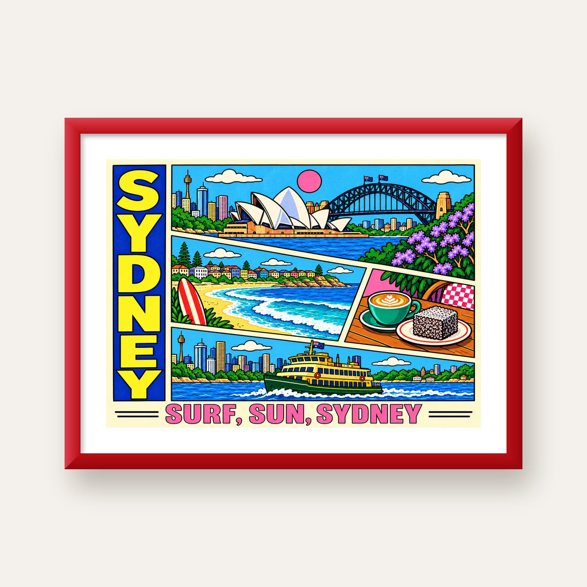 Sydney Temalı Retro Çizgi Roman Poster – Renkli Duvar Dekoru — kırmızı çerçeveli paspartulu