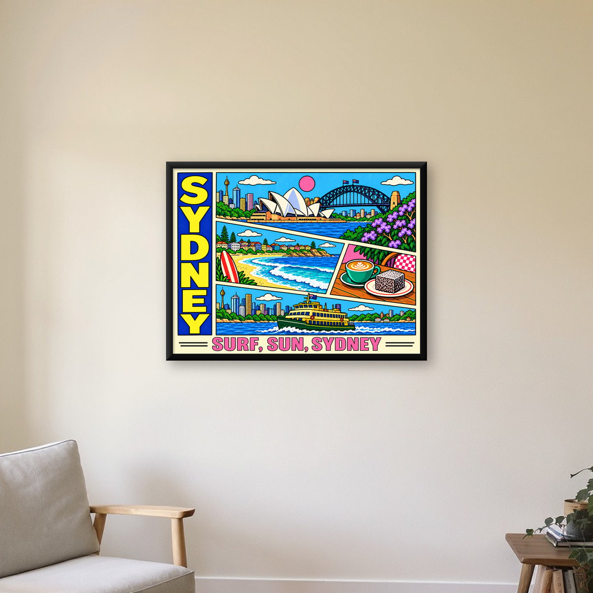 Sydney Temalı Retro Çizgi Roman Poster – Renkli Duvar Dekoru — Yatay baskı, çerçeveli hâliyle bir ev duvarında