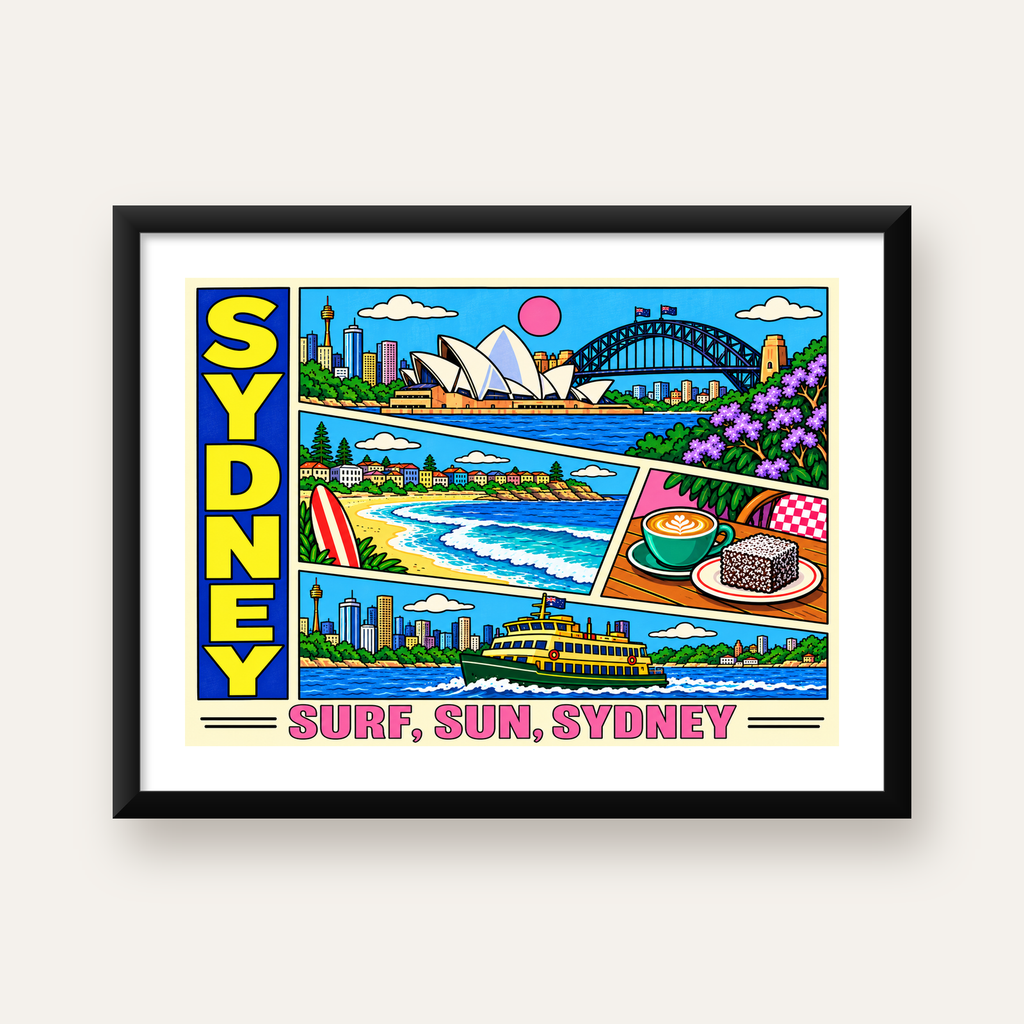 Sydney Temalı Retro Çizgi Roman Poster – Renkli Duvar Dekoru — Yatay baskı, beyaz paspartulu