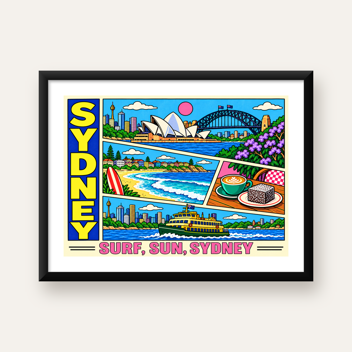 Sydney Temalı Retro Çizgi Roman Poster – Renkli Duvar Dekoru — Yatay baskı, beyaz paspartulu