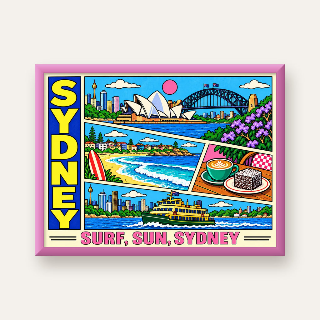 Sydney Temalı Retro Çizgi Roman Poster – Renkli Duvar Dekoru — pembe çerçeveli