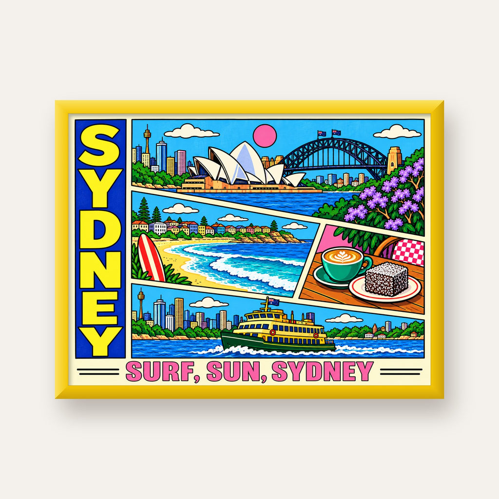Sydney Temalı Retro Çizgi Roman Poster – Renkli Duvar Dekoru — sarı çerçeveli