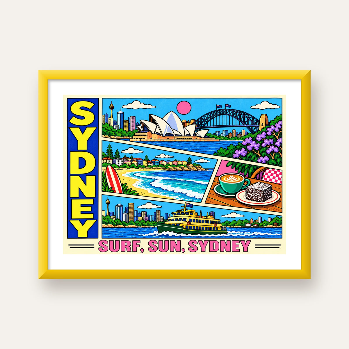 Sydney Temalı Retro Çizgi Roman Poster – Renkli Duvar Dekoru — sarı çerçeveli paspartulu