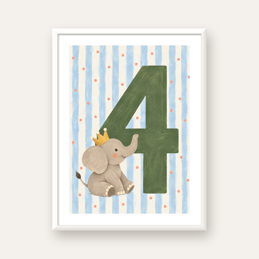 Fil ve 4. Yaş Temalı Sevimli Çocuk Odası Poster Sanatı — beyaz çerçeveli dikey poster
