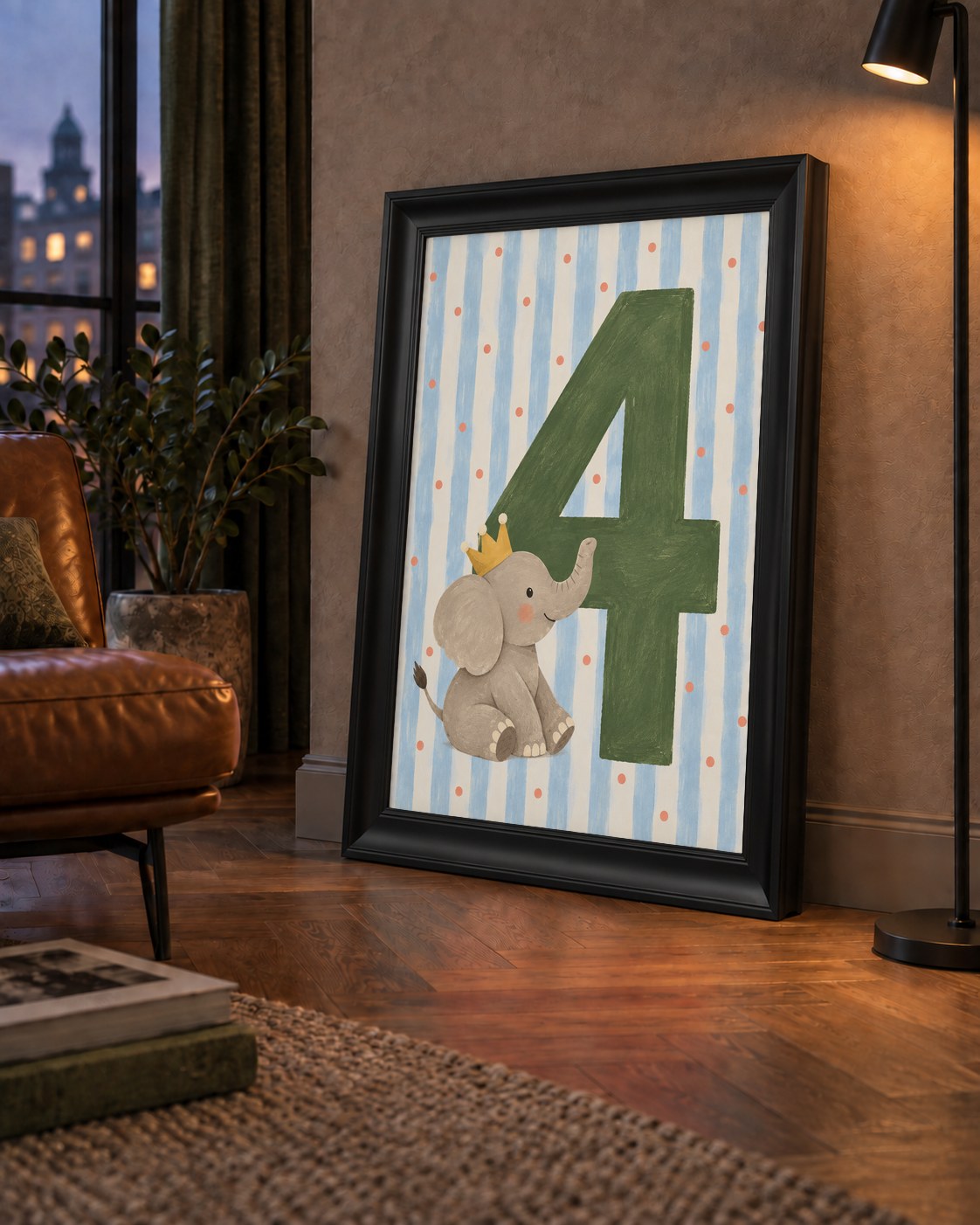 Fil ve 4. Yaş Temalı Sevimli Çocuk Odası Poster Sanatı — çerçeveli hâliyle bir ev duvarında