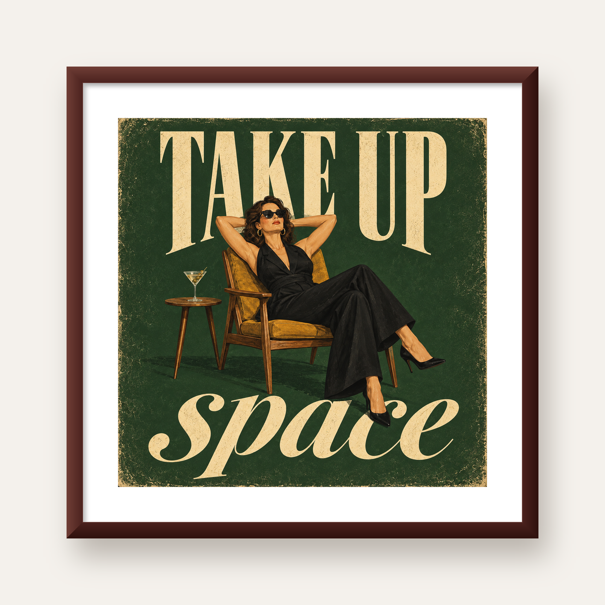 Retro Güçlü Kadın Poster – Motivasyon ve İlham Kaynağı — ceviz çerçeveli paspartulu