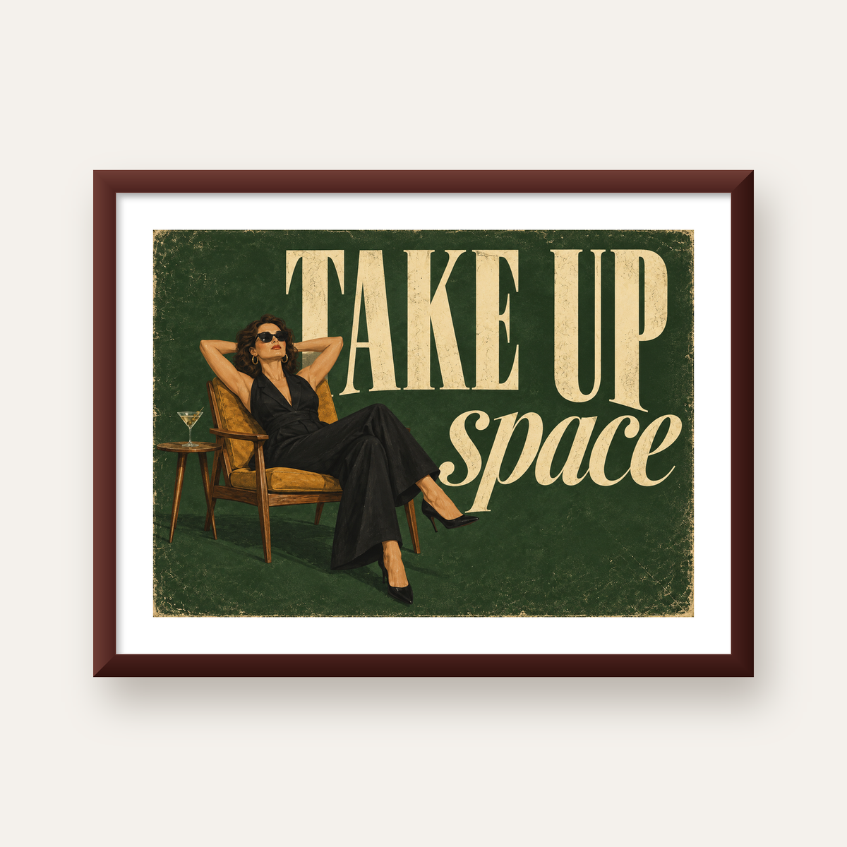 Retro Güçlü Kadın Poster – Motivasyon ve İlham Kaynağı — ceviz çerçeveli paspartulu