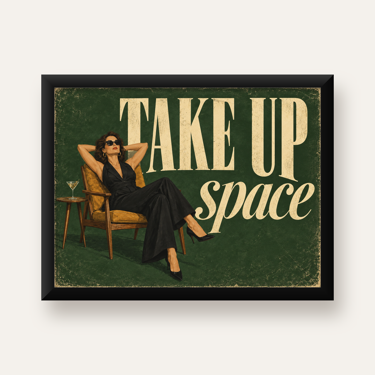 Retro Güçlü Kadın Poster – Motivasyon ve İlham Kaynağı — Yatay baskı, düz siyah çerçeveli duvar posteri
