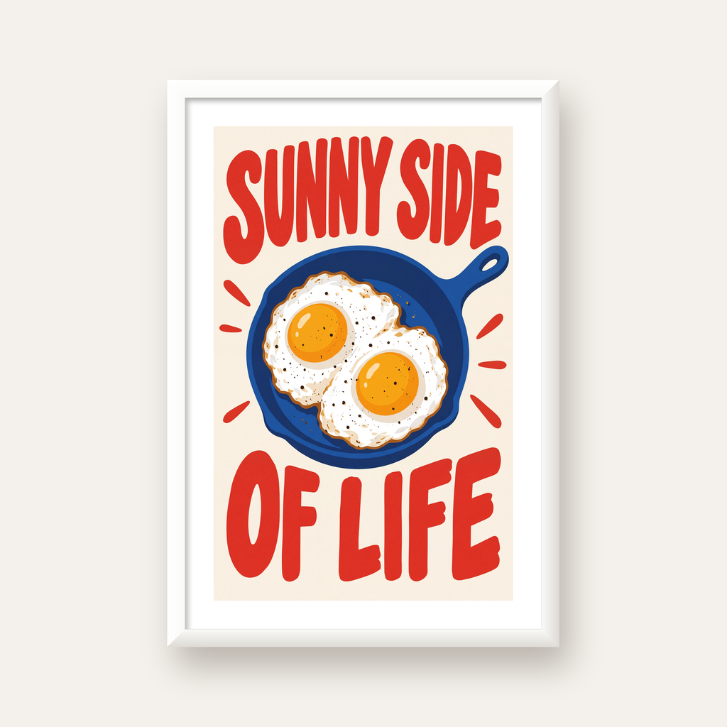 Sunny Side of Life Yumurtalı Mavi Tava Poster — beyaz çerçeveli dikey poster